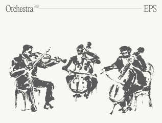 Musicians performing on violins and cello at orchestra concert. Hand drawn vector illustration. - 734953589