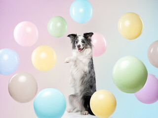 Fototapeta na wymiar A Border Collie dog stands on hind legs, surrounded by colorful balloons. Holliday Pets 
