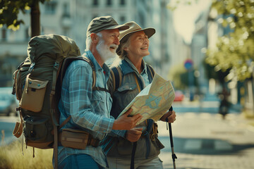 Senior couple travelling with backpacks and maps