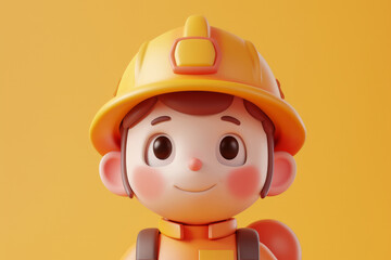 A cute friendly 3d fire fighter character. 3D Rendering style illustration