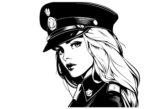 Girl police officer portrait hand drawn ink sketch. Engraved style retro vector logotype.