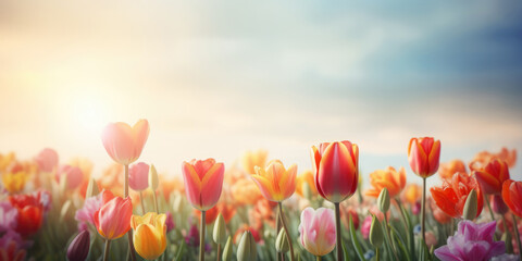 Colorful tulip flowers blooming in the field in spring.  Beautiful Floral background for Easter holiday, Women's day, 8 march, Birthday, Mother's day