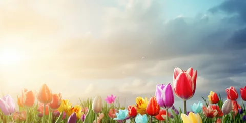 Tuinposter Colorful tulip flowers blooming in the field with blue sky background. Beautiful Floral background for Easter holiday, Women's day, 8 march, Birthday, Mother's day © maxa0109