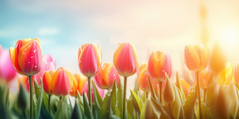 Red Tulips. Beautiful bouquet of tulips. Colorful tulips in spring. Beautiful Floral background for Easter holiday, Women's day, 8 march, Birthday, Mother's day