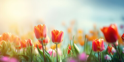 Fototapeta premium Colorful tulip flowers blooming in the garden with sky background. Beautiful Floral background for Easter holiday, Women's day, 8 march, Birthday, Mother's day