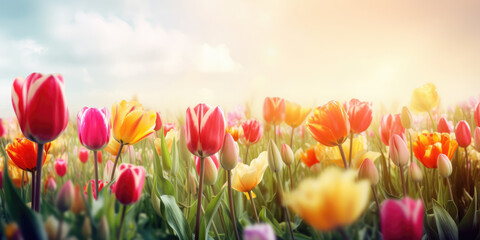 Colorful tulip flowers field in spring time. Beautiful Floral background for Easter holiday, Women's day, 8 march, Birthday, Mother's day - obrazy, fototapety, plakaty