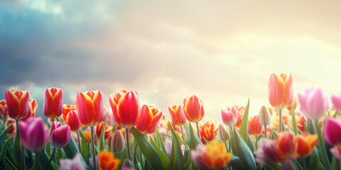 Colorful tulip flowers blooming in the garden with sky background. Beautiful Floral background for Easter holiday, Women's day, 8 march, Birthday, Mother's day - obrazy, fototapety, plakaty