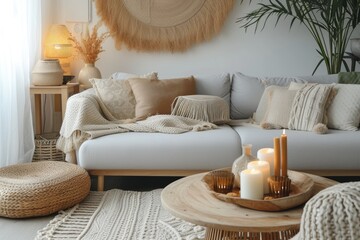 Modern boho interior of living room in cozy apartment. Simple cozy living room interior with light gray sofa, decorative pillows, wooden table with candles and natural decorations