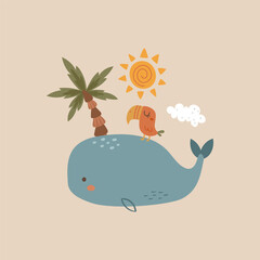 Cute whale with a parrot and the sun - 734954107