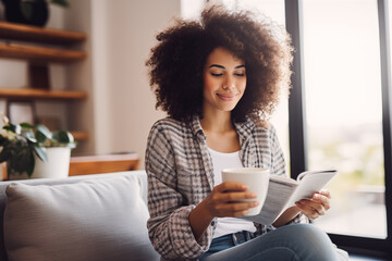 Woman reading and drinking coffee relaxed at home