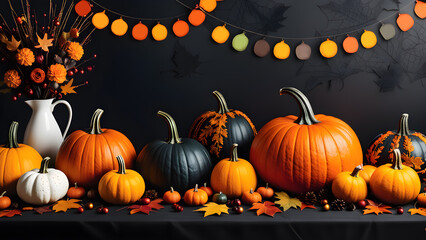 dark Halloween banner with a festive autumn table filled with various types of pumpkins fall leaves background