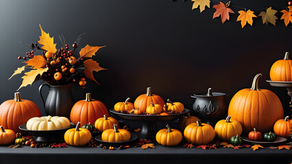 dark Halloween banner with a festive autumn table filled with various types of pumpkins fall leaves background