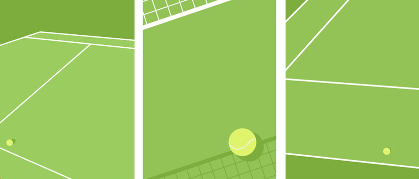 Three vertical banners with a minimalist green tennis court and a tennis ball. Sports related promotions and advertising campaigns designs. Copy space.