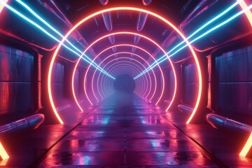 Futuristic sci-fi illuminated neon glowing tunnel. Generative AI