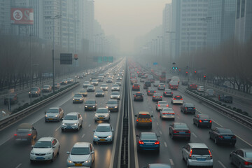 Heavy traffic in a big city with air pollution and dust. Health problem, traffic jam concept - obrazy, fototapety, plakaty