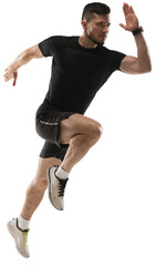 Speed and endurance. Muscular, sportive man in black sportswear training, running isolated on...