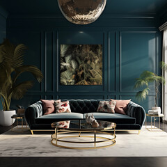 A photo of a modern room, with a dark blue wall in the center, and dark green velvet three-seater sofa, boho style - 734954922