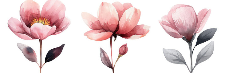 Nature's Delicate Beauty: A Vintage Floral Watercolor Illustration of Blooming Red Tulips on a Branch.