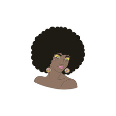 Groovy disco black woman head portrait with afro hair style and disco ball shape earrings vector illustration isolated on white. 60s 70s 80s retro party print poster postcard design.