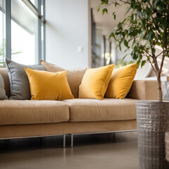 A close up on a beige sofa with yellow pillows - 734955120