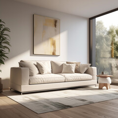 A spacious livig room with light sofa, and a painting hanging on the wall