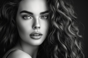 Fototapeta premium Model with beautiful long shiny curly hair captured in a stunning black and white photo