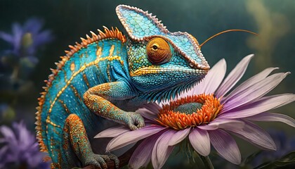Fototapeta premium Macro shots, Beautiful nature scene , baby green chameleon sitting on flower in a summer garden.