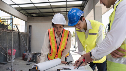 Civil engineering team meets to plan work on construction project in the construction area Foreman, industrial project manager, engineer working as a team Professional team in Asian industry