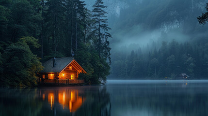 A cabin by a lake, surrounded by trees in a forest