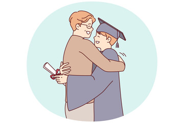 Young guy university graduate in academic robe hugs father after receiving diploma of higher education. Proud man with son during ceremony to mark end of college year. Flat vector illustration