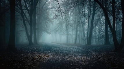 Mysterious Foggy Woodland. Eerie Winter Background.
