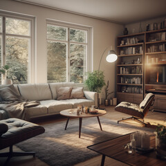 spacious large living room, danish interior design, with light sofa and a bookcase - 734956107