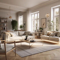 spacious large living room, danish interior design, with light sofa - 734956310