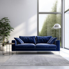 a front view of a living room, a navy blue velvet sofa in the center and lot of a empty white wall - 734956367