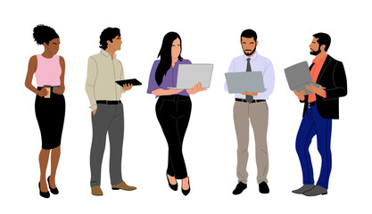 Set of Business people working at laptop, Different men and women wearing smart casual, formal office outfits standing, looking at computer. Vector illustration isolated on transparent background.