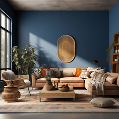 Professional photo of a modern room, with a dark blue wall in the center, and dark green velvet three-seater sofa, carpet under the sofa, boho style, a lot of natural light