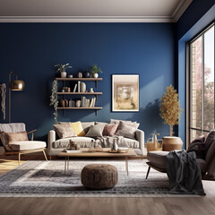 Modern room, with a dark blue wall in the center, and dark green velvet three-seater sofa, carpet under the sofa, boho style, a lot of natural light - 734956789