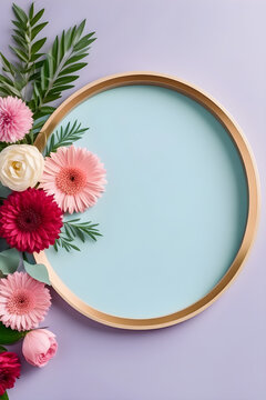 frame with flowers. empty mockup abstract festive background with flowers and a hearten shape frame happy Mother day. wedding day invitation empty text copy space.