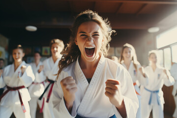 Junge Karatekas mit neuen Gürteln nach bestandener Prüfung im Dojo - obrazy, fototapety, plakaty