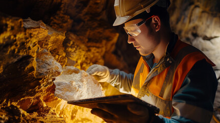 Mining and geological engineer inspecting core samples from underground drilling - obrazy, fototapety, plakaty
