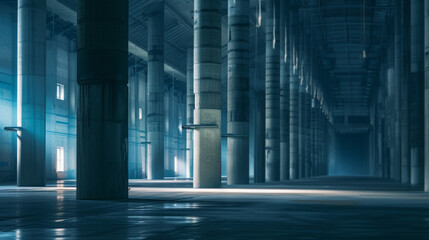 Modern industrial warehouse with towering columns and beams and soft lighting