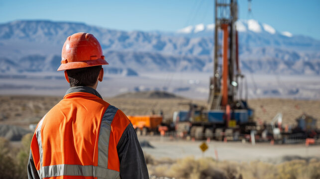 Oil drilling engineer monitoring operation in remote desert location