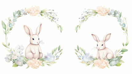 Easter bunnies and flower wreath frame in watercolor.