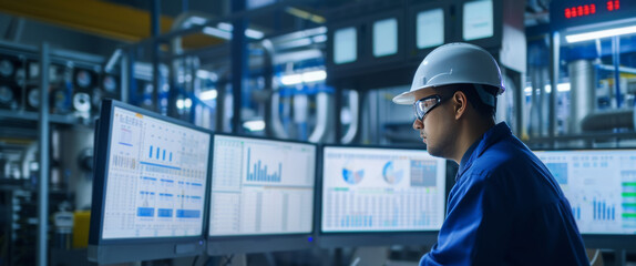 Obraz premium Screen and Monitor Displaying Production Data for Industrial Engineer