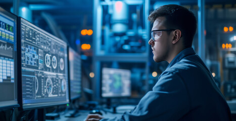 Industrial Engineer Working on Production Data in Control Room
