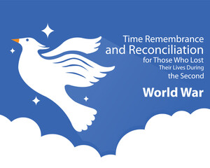 illustration vector graphic of doves fly above the clouds, perfect for international day, time remembrance and reconciliation, those who lost, lives during, second world war, celebrate, greeting card.