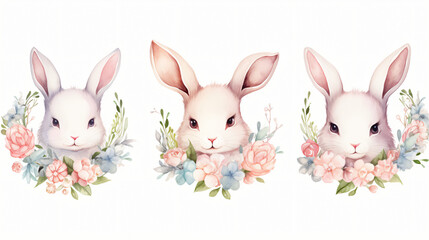 Obraz na płótnie Canvas Easter bunnies and flower wreath frame in watercolor.