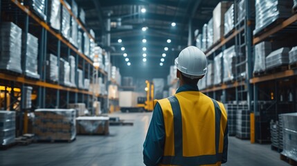 Industrial engineer planning a new warehouse logistics system with inventory and forklifts