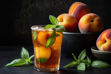 Refreshing peach iced tea. Garnished with fresh peaches and mint on black background. Perfect summer beverage.