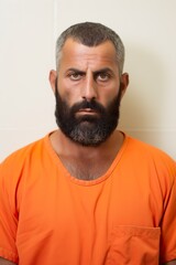 Fototapeta premium Prison mugshot of middle aged Arab man in orange jumpsuit